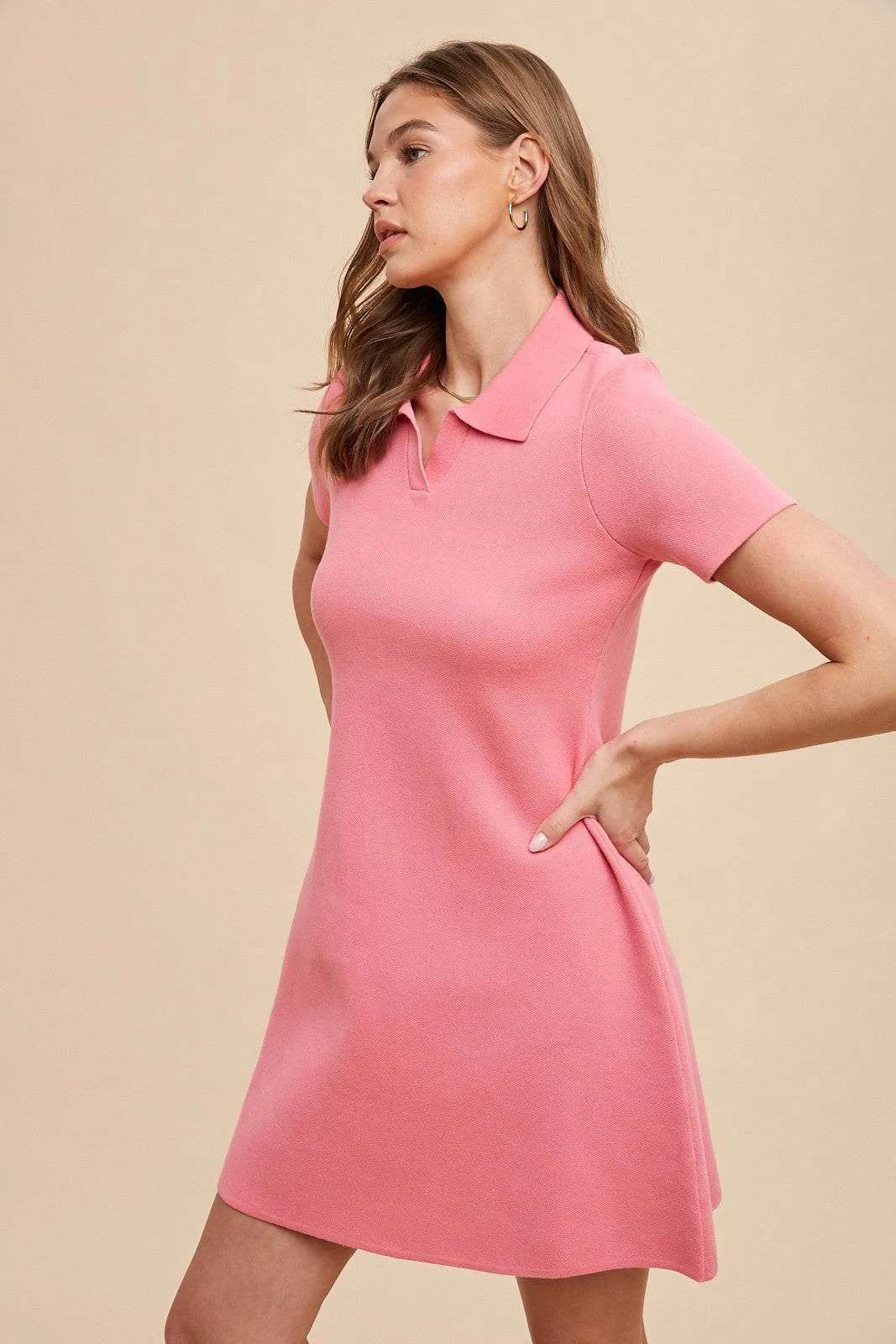 Spring Pink Short Sleeve Sweater Polo Dress