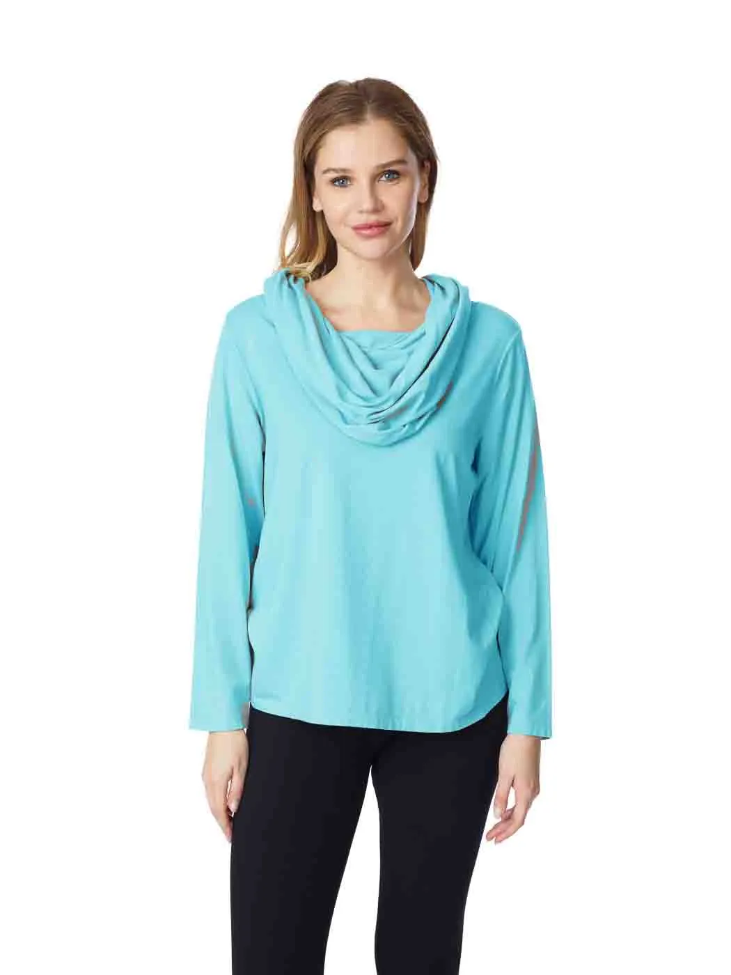 Tianello TENCEL™ "Whisper Knit"  L.S. Cowl Blouse-Bisbee Turquoise