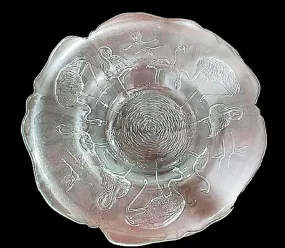 VINTAGE '70s HUGE FLAMINGO & CRANES GLASS SERVING BOWL OR DISPLAY ITEM MADE IN FRANCE - GORGEOUS!