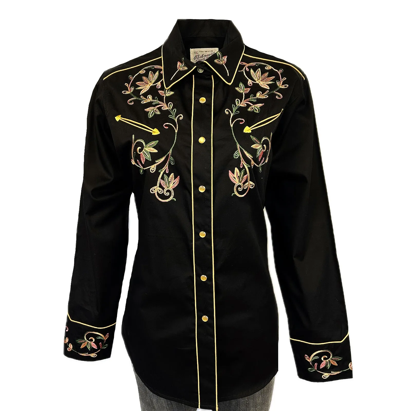 Women's Black Vintage Variegated Floral Embroidery